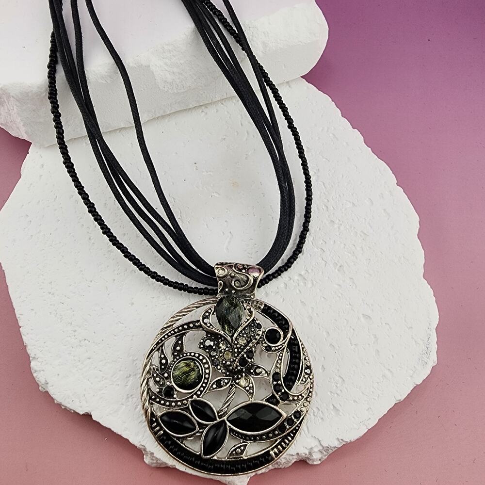 Black Green Floral Filigree Pendant Necklace 21.5" Silver Tone Boho Statement